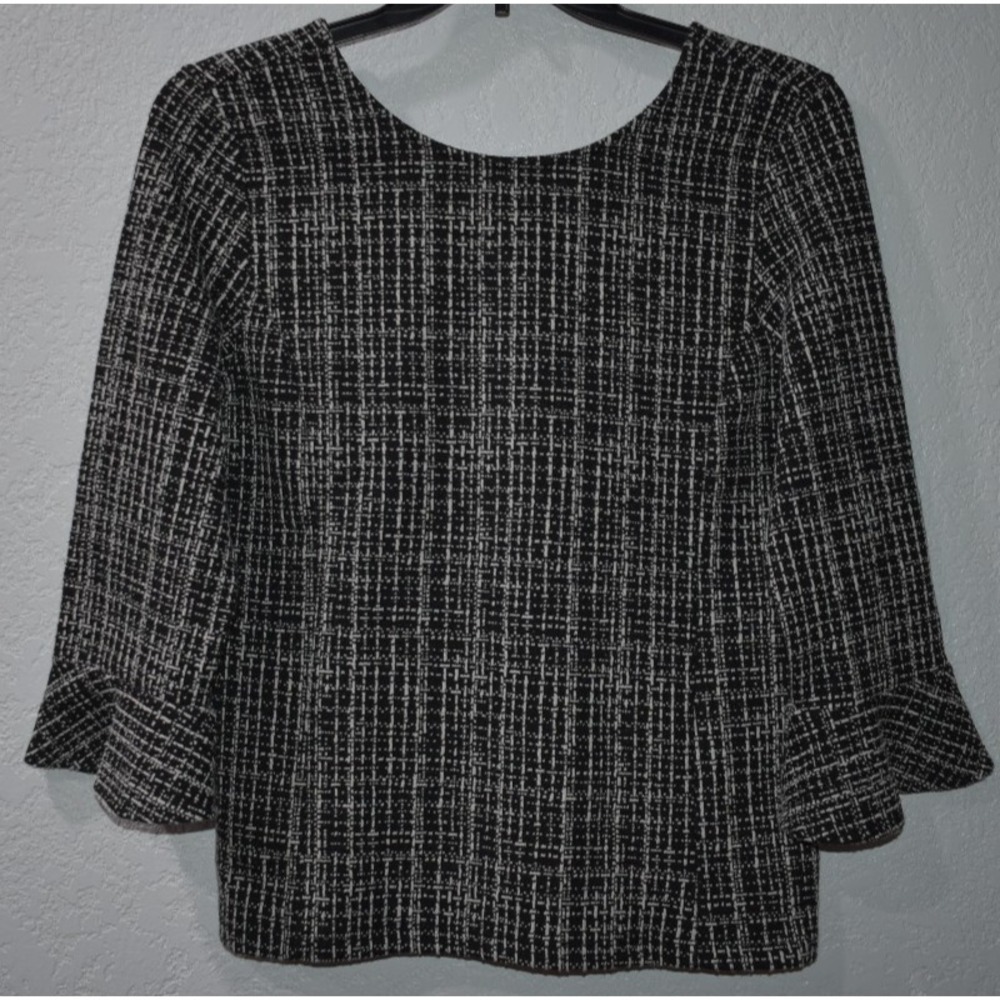 TALBOTS Large Blouse Plaid Black/White  3/4 Bell Sleeve Lightweight Pullover Top